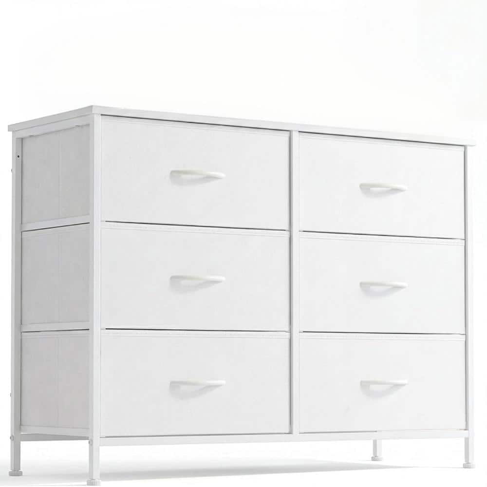 Industrial White 6 Drawers 38.2 in. Wide Dresser Fabric Storage Chest with Wooden Top for Bedroom