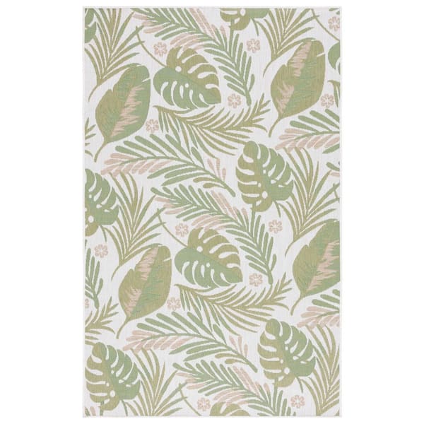 Courtyard Ivory/Green 5 ft. x 8 ft. Leaves Modern Indoor/Outdoor Area Rug