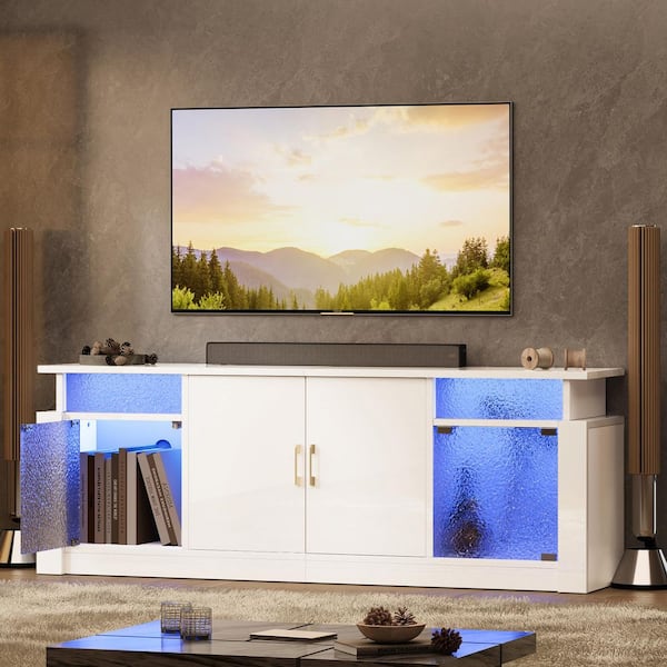 Bestier 63 in. Glossy White Stone Grain TV Stand Fits TV Up to 32 to 70 in. Entertainment Center with Cabinet LED Light