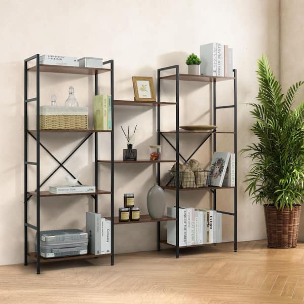 54.9 in. Tall Rustic Oak Metal 11-Shelf Triple Column 4 Tier Bookcase
