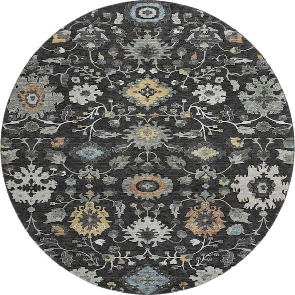 Mayfield Premium Machine Washable Abstract AMF2458 Black 8 ft. x 8 ft. Round Rug