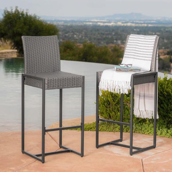 Unbranded Grey Wicker Outdoor Bar Stool All-Weather Rattan Patio Pub Chairs Barstool Armless Bar Height Chairs (Set of 2)