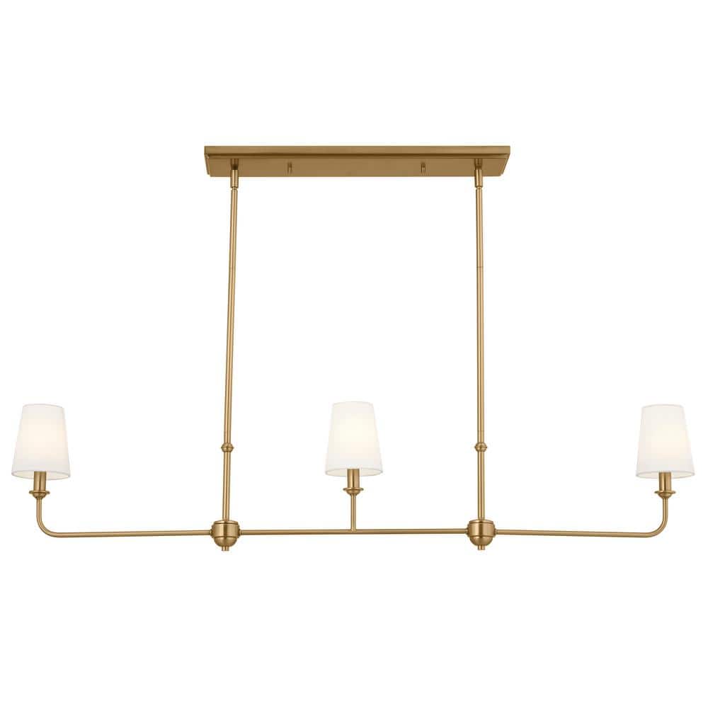 Brushed Natural Brass 3-Light Linear Chandelier with Fabric Shades