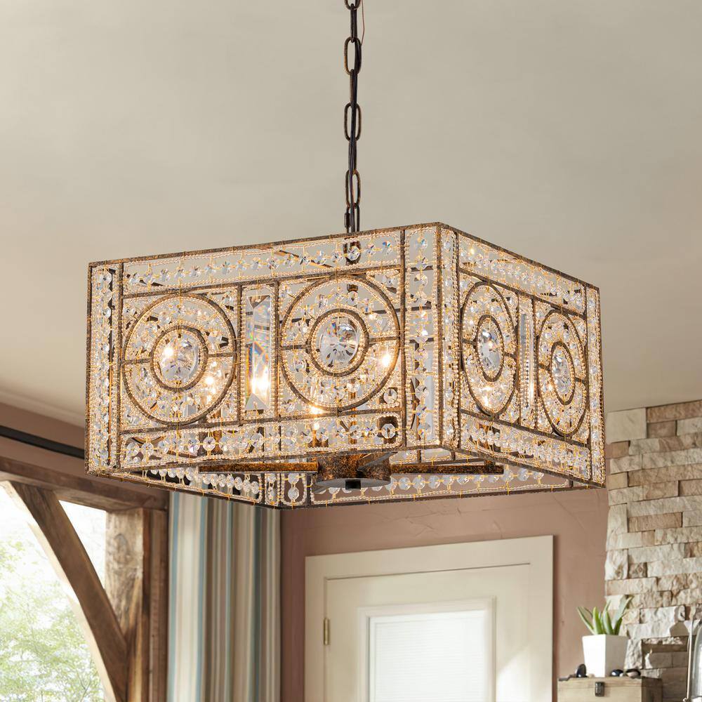 【M2154-92-62】シャンデリア　オシャレ HUOKU Iridescent 4-Light Vintage Crystal Square Antique