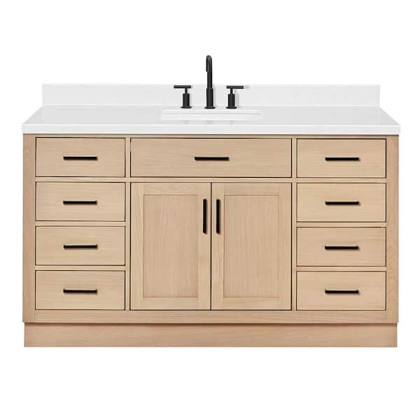 Hepburn 60.25 in. W x 22 in. D x 36 in. H Single Sink Bath Vanity in Oak with Carrara White Quartz Top