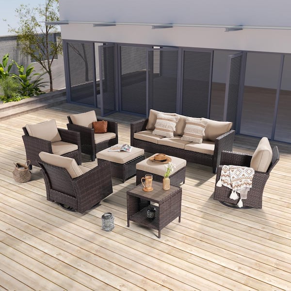 JOYESERY 8-Piece Patio Outdoor Brown Wicker Conversation Seating Set Thickening Sand Cushions With Swiveling Rocker