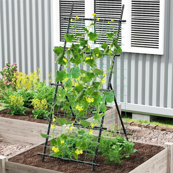 75 in. Metal Garden Cucumber Trellis for Plant Climbing with PE-Coated Frame, Trellis Net