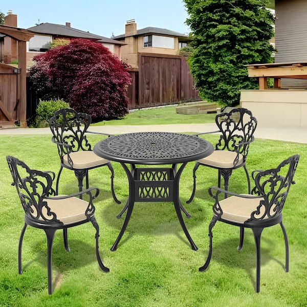 5-Piece Black Cast Aluminum Patio Outdoor Dining Set with Round Table and 4 Chairs with Beige Cushions
