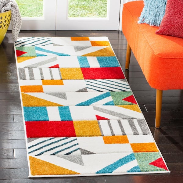 Hollywood 2 ft. x 12 ft. Ivory/Peacock Blue Abstract Geometric Runner Rug