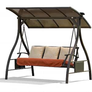 3-Person New Design Outdoor Patio Porch Swing with Adjustable Canopy, Solar LED Light, 3 Sunbrella Beige Cushions