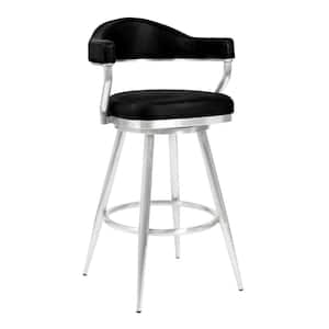 Amador 26 in. Counter Height Bar Stool in Brushed Stainless Steel and Vintage Black Faux Leather