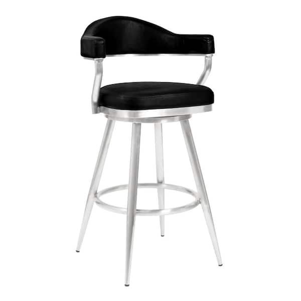 Armen Living Amador 30 in. Brushed Stainless Steel and Vintage Black Faux Leather Bar Height Bar Stool