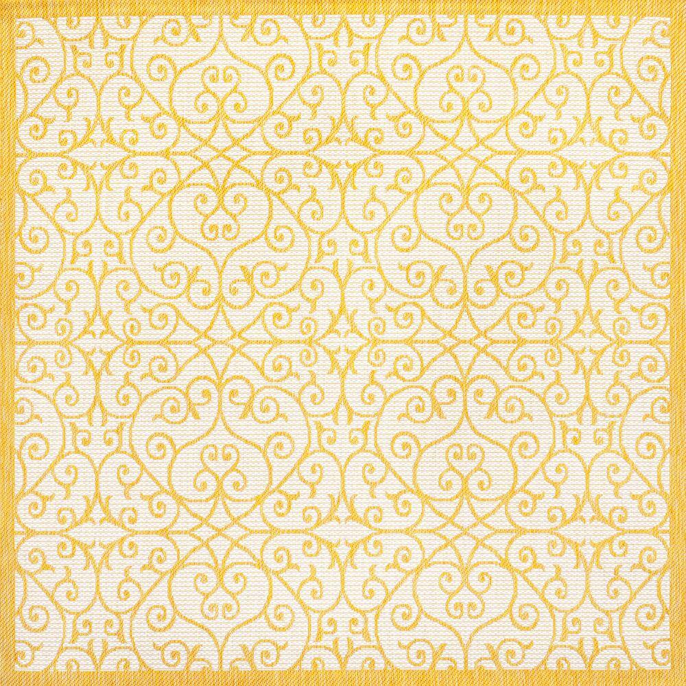 Spanish Filigree Cream/Yellow 5' Square Handwoven Indoor/Outdoor Rug