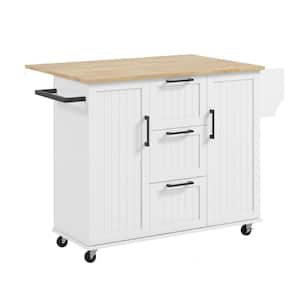 White Kitchen Cart with Drawers;Drop Leaf;Shelf;Locking Casters;Spice Rack;Wheels