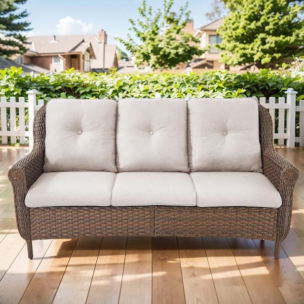 Chrysanthemum Armrest Series 3-Seat Brown Wicker Outdoor Patio Sofa Couch with Beige Cushions