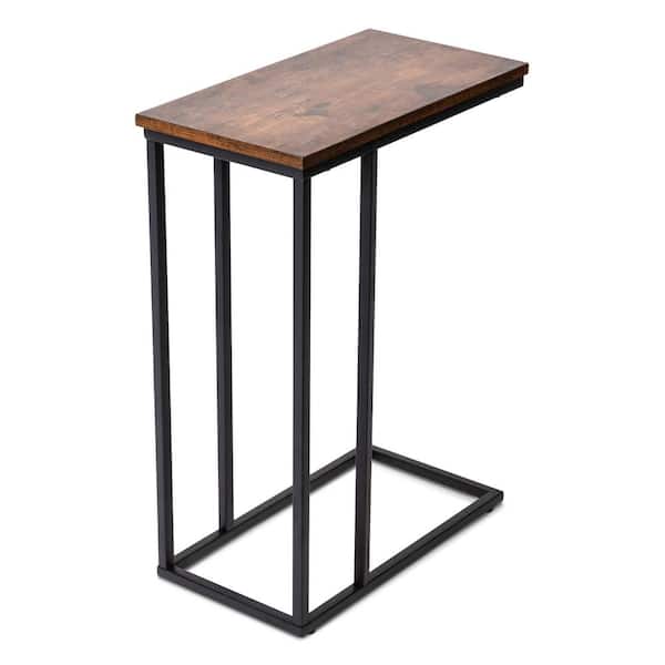 GOOD & GRACIOUS C Shaped Industrial Rustic Brown Side Table with Sturdy Metal Frame,Rustic Brown