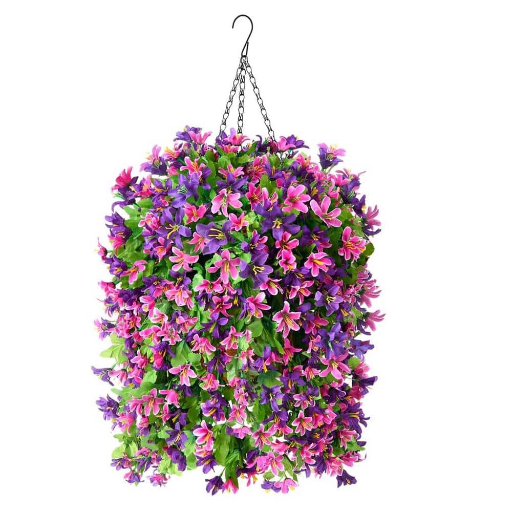 24 in. H Red Purple Artificial Hanging Flowers in Basket, Faux Silk Violet 
