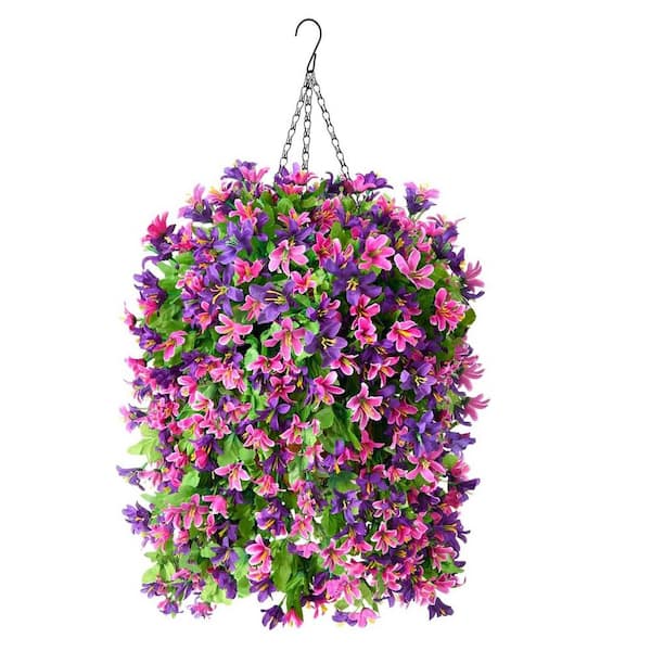 Unbranded 24 in. H Red Purple Artificial Hanging Flowers in Basket, Faux Silk Violet Flower Bouquet UV Resistant
