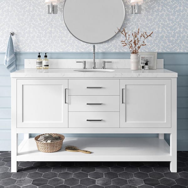 ARIEL Bay Hill 60.25 in. W x 22 in. D x 36 in. H Single Sink Freestanding Bath Vanity in White with Man-Made Stone Top