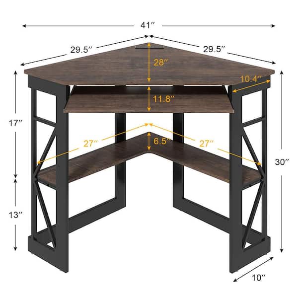 Corner Computer Desk with Built-In Charging Station, Keyboard Tray and Storage Shelves, 41 in. Triangle Table, Brown