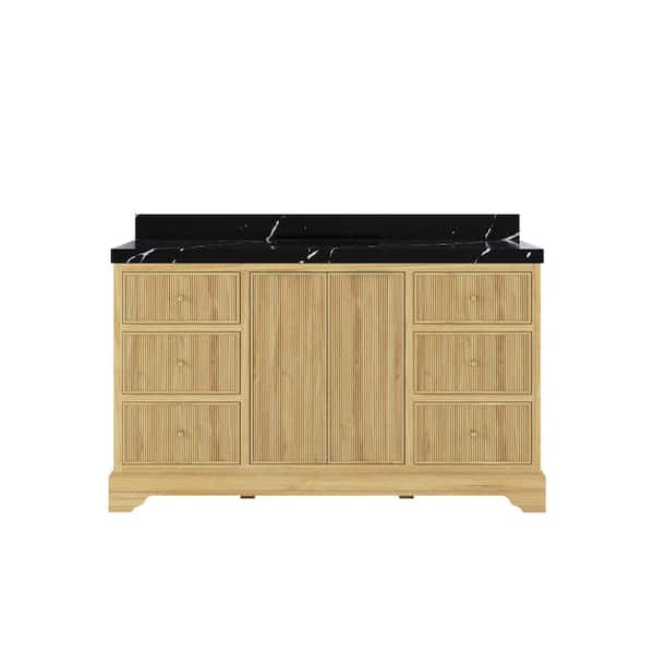 Willow Collections Austin Teak 60 in. W x 22 in. D x 36 in. H Single Sink Bath Vanity in Whitewashed with 2" Calacatta Black Top