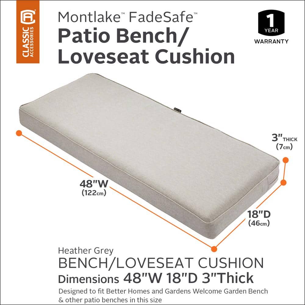 Heather Grey FadeSafe 48" Patio Bench Cushion with Water-Resistant Coating