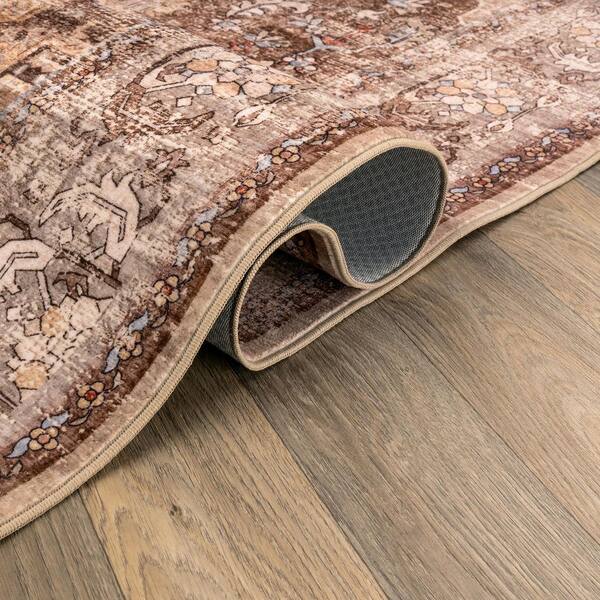 Traditional Medallion Chestnut Brown Machine Washable Non-Slip Backing 2 ft. x 8 ft. Brown Area Rug
