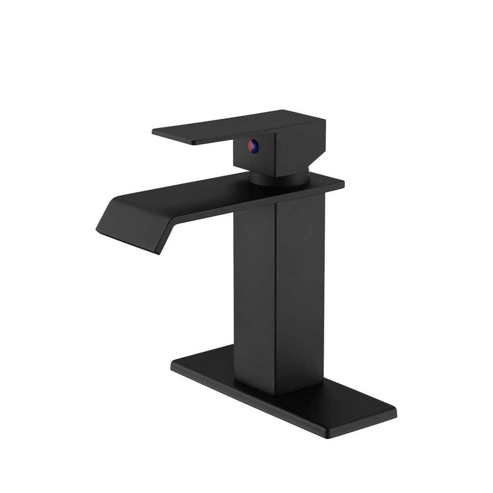 Single Handle Single Hole Waterfall Spout Bathroom Faucet with in Matte Bla