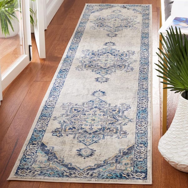 Brentwood 2 ft. x 9 ft. Aqua/Light Gray Floral Medallion Ornate Runner Rug