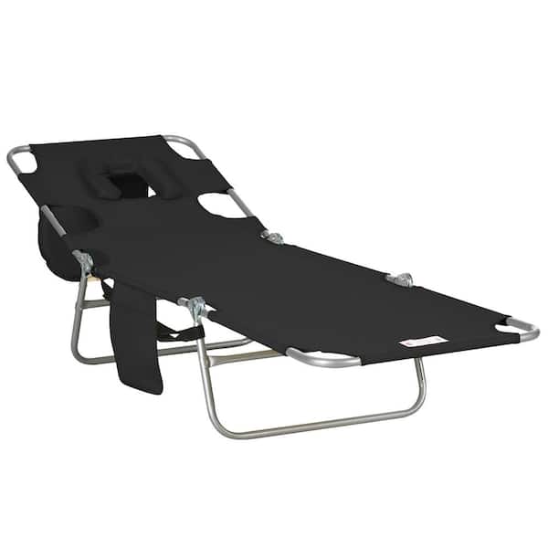 Sudzendf Black Folding Beach Lounge Chair with Face Hole and Arm Slots, 5-level Adjustable Lounger Tanning Chair with Pillow