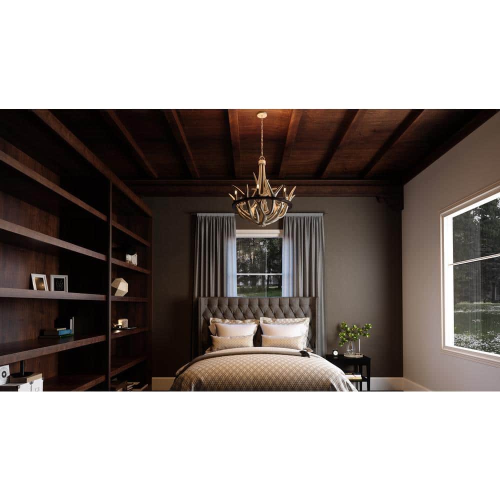 Rustic Antler-Inspired Black Steel 6-Light Chandelier