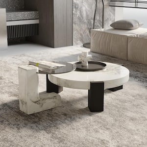 35. in. White and Black 2-Piece Round Marble Wood Top Coffee Table