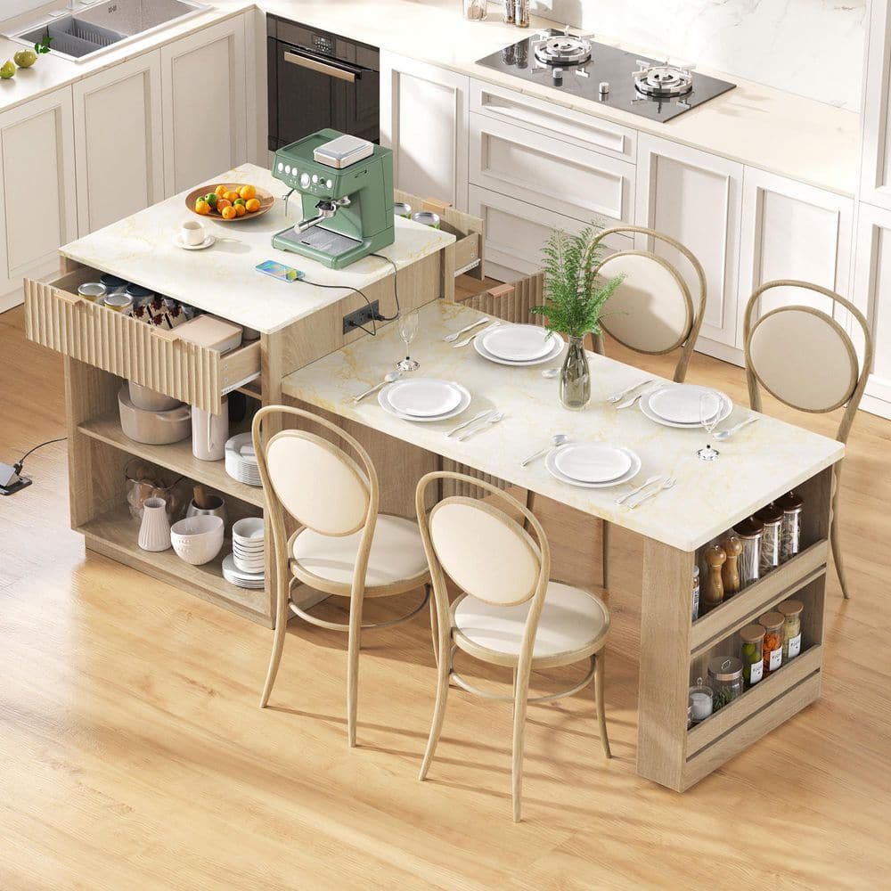 Fluted Nature Wood Extendable Dining Table 82 in. Kitchen Island with Power Outlet, Double-Side Storage price history on PriceWatchPro