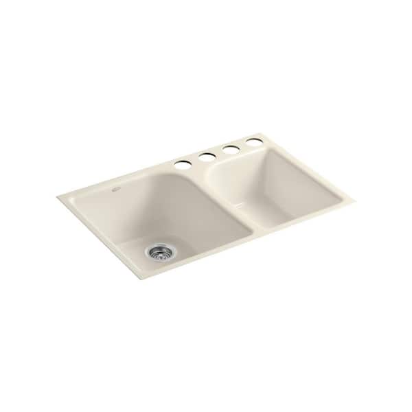KOHLER Executive Chef Undermount Cast-Iron 33 in. 4-Hole Double Bowl Kitchen Sink in Almond