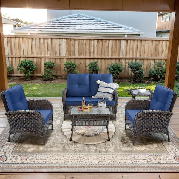 Opohoro Brown 5-Piece Wicker Patio Conversation Set with Armchairs, Outdoor Loveseat Seating Set with Navy Blue Cushions