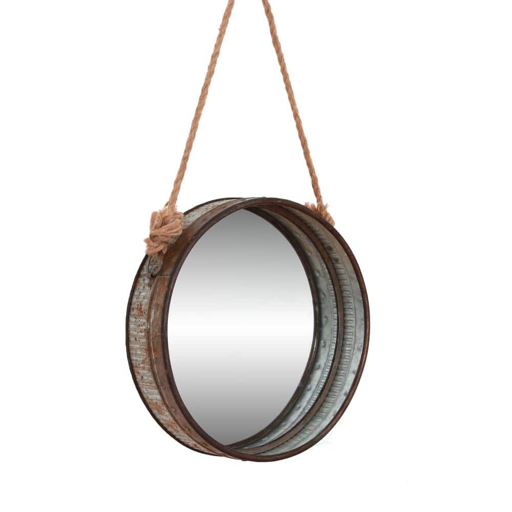 Rustic Galvanized Metal 16" Round Wall Mirror with Jute Rope