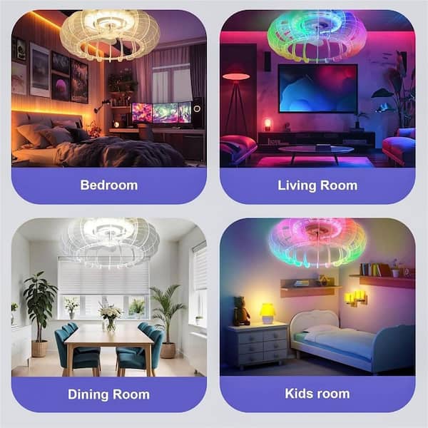 21 in. White Plastic Flush Mount Low-Profile Fandelier Ceiling Fan with Integrated LED Light, Remote Control, 6-Speeds