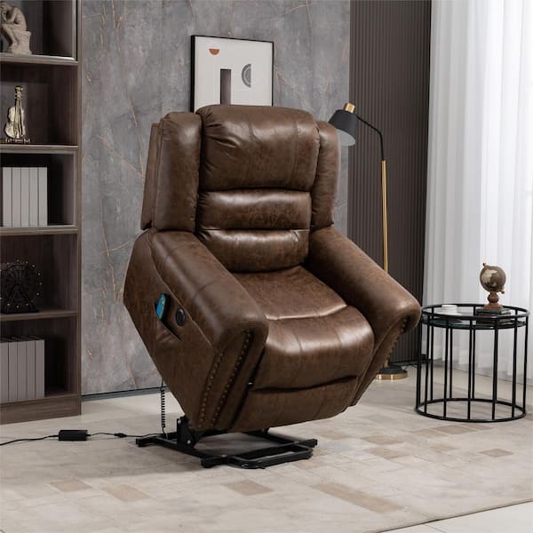 aisword Deluxe Faux Leather Power Lift Recliner Sofa Chair with Massage Heating and Nailhead Trim Antique Brown W5475PBH1935 The Home Depot