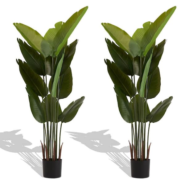 Celestia 5.25 ft. Tall Artificial Traveler Banana Plant Palm Tree in Pot for Indoor and Outdoor Use (Set of 2)
