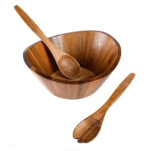 Sherwood 3-Piece Acacia Wood Salad Bowl and Serving Utensil Set in Brown