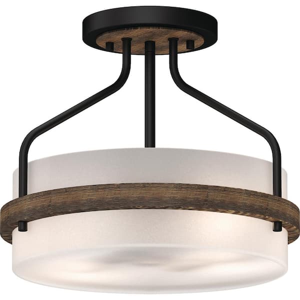 Volume Lighting Emery 2-Light Walnut and Black Indoor Semi-Flush Mount Ceiling Fixture with Frosted Glass Drum
