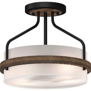 Emery 2-Light Walnut and Black Indoor Semi-Flush Mount Ceiling Fixture with Frosted Glass Drum