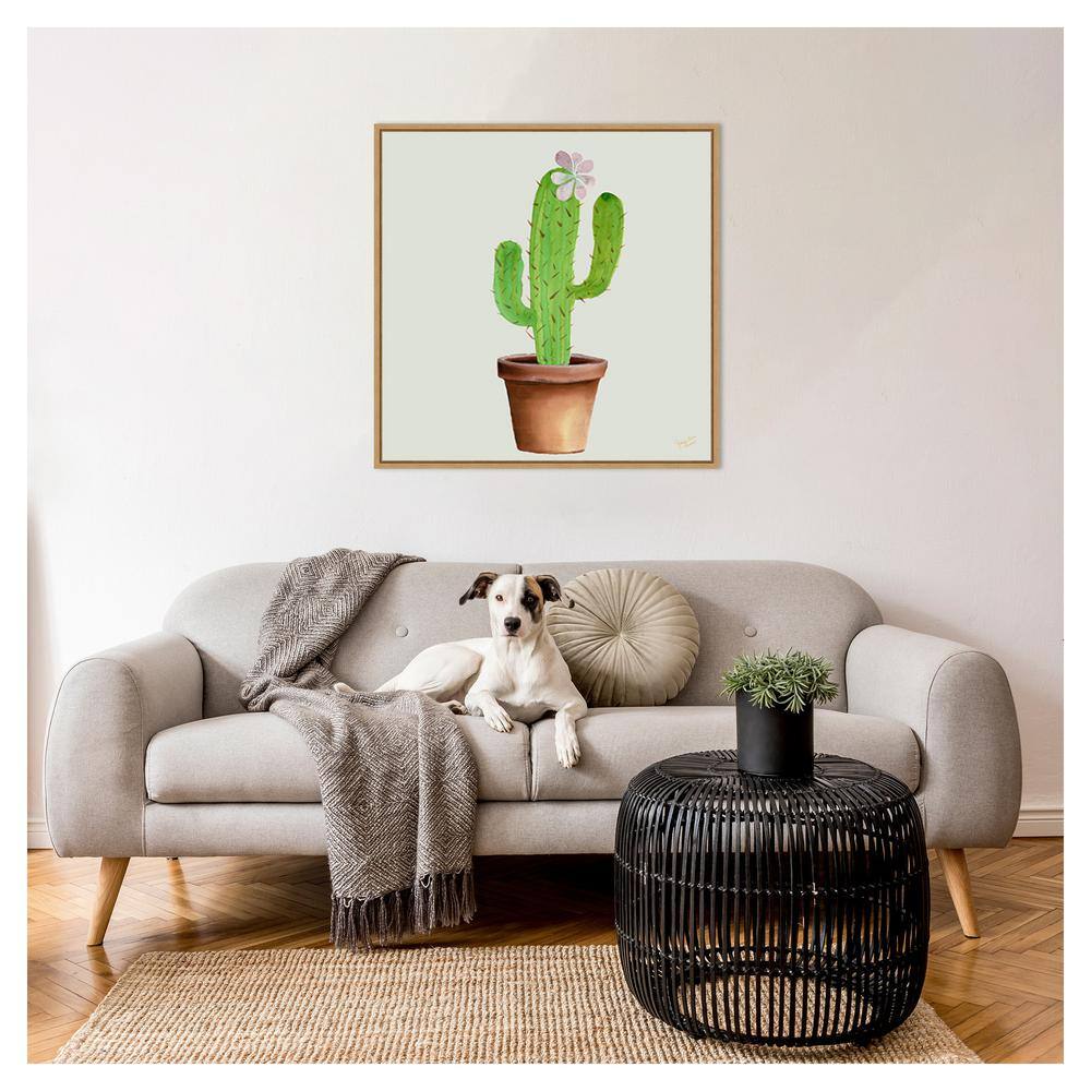 Succulent Symphony I Green Cactus Canvas Wall Art with Maple Frame