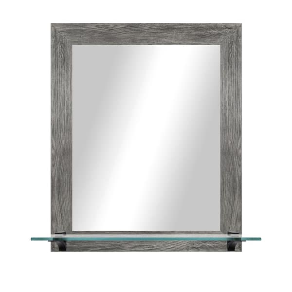 Unbranded 21.5 in. W x 25.5 in. H Rectangle Grey Vertical Framed Mirror With Tempered Glass Shelf/Black Bracket