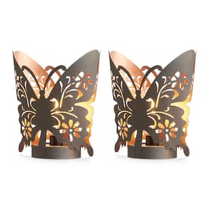 9 in. H Set of 2 Black and Gold Metal Cutout Flying Butterfly Silhouette Solar Powdered Edison Bulb Outdoor Lantern