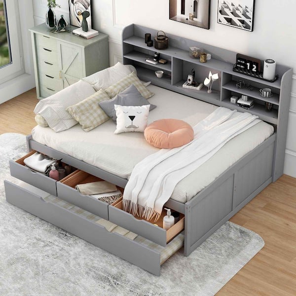 LIGHT Gray Wood Frame Full Size Platform Bed with Built-in Bookshelves,3 Storage Drawers and Trundle