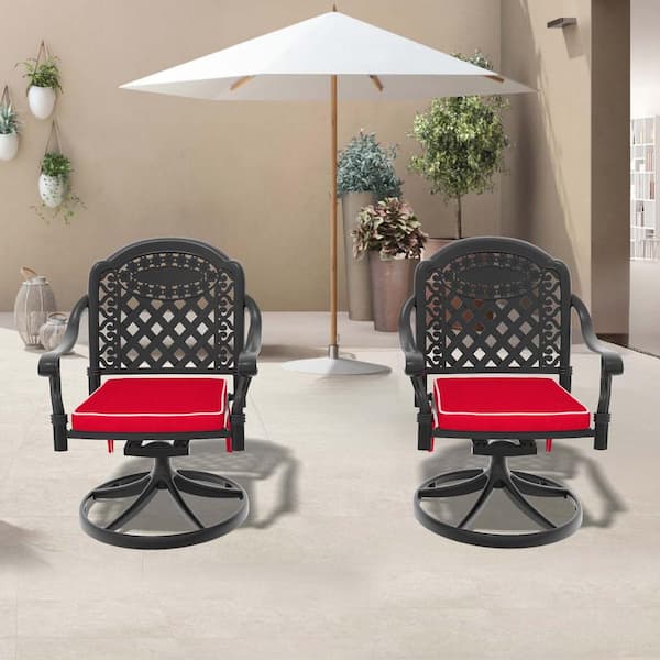 Unbranded Black Cast Aluminum Patio Swivel Outdoor Dining Chairs, Garden Backyard Chairs with Cushions in Random Colors (2-Pack)