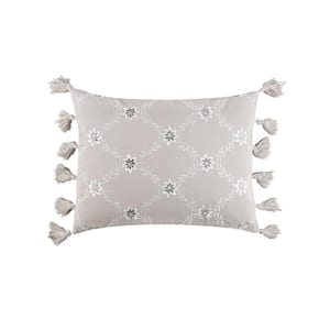 St. Ives Grey Embroidered Flowers 14 in. x 18 in. Throw Pillow