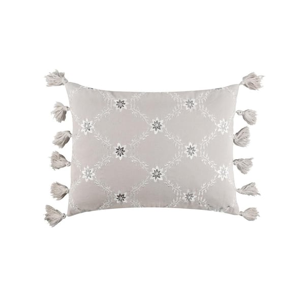 LEVTEX HOME St. Ives Grey Embroidered Flowers 14 in. x 18 in. Throw Pillow