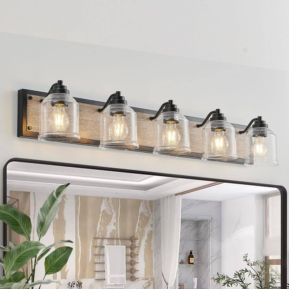 40 in. 5-Light Black Farmhouse Bathroom Wall Sconce with Clear Seeded Glass Shade, E26 Bulbs not Included price history on PriceWatchPro